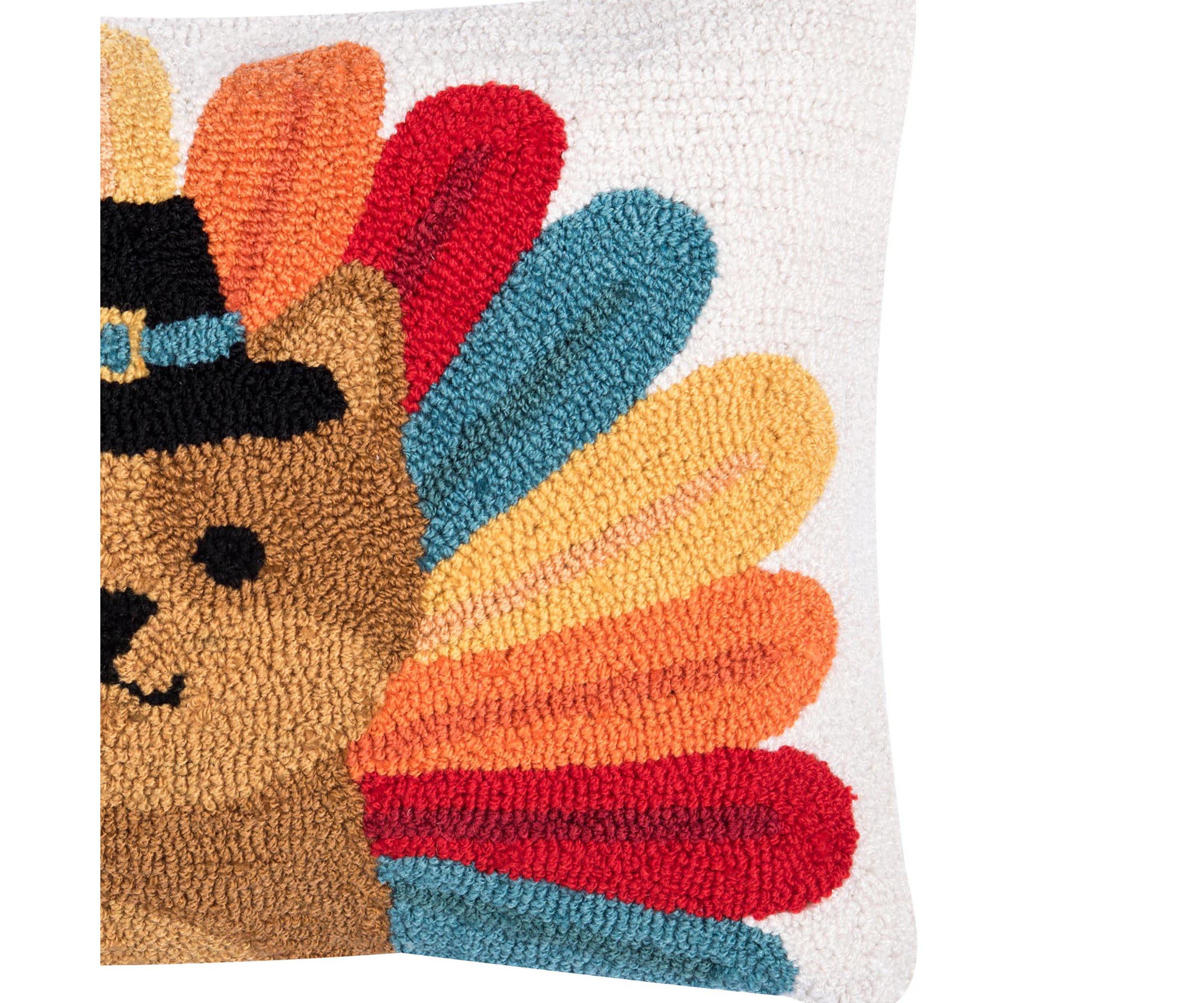 22" x 14" Turkey Cat Hooked Throw Pillow