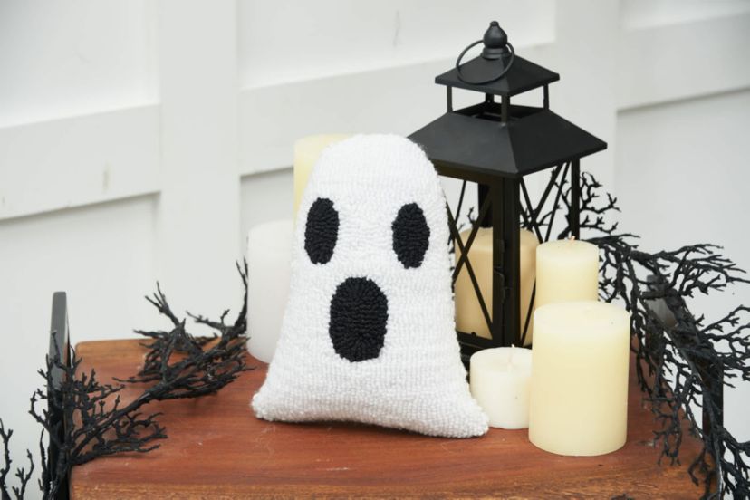 Ghost Shaped Halloween Hooked Small Petite Halloween Throw Pillow 8" x 10"