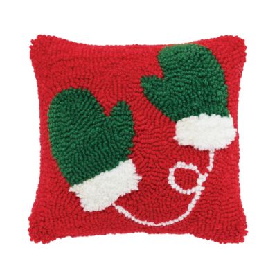 C&F Home Green Mittens with White Cuff on Red Christmas Hooked Throw Pillow 8" x 8"