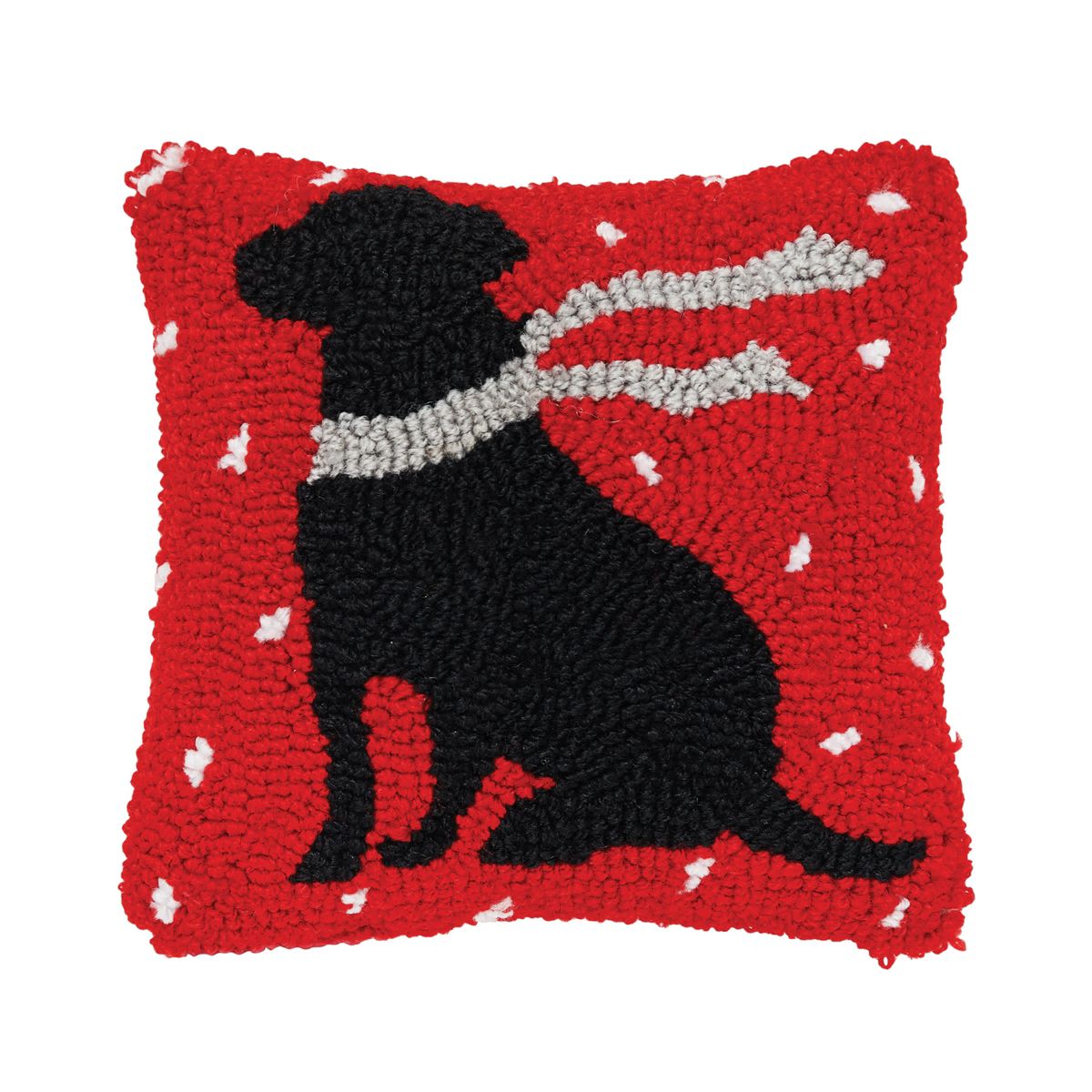 Winter Christmas Black Dog Hooked Christmas Throw Pillow 8" x 8"