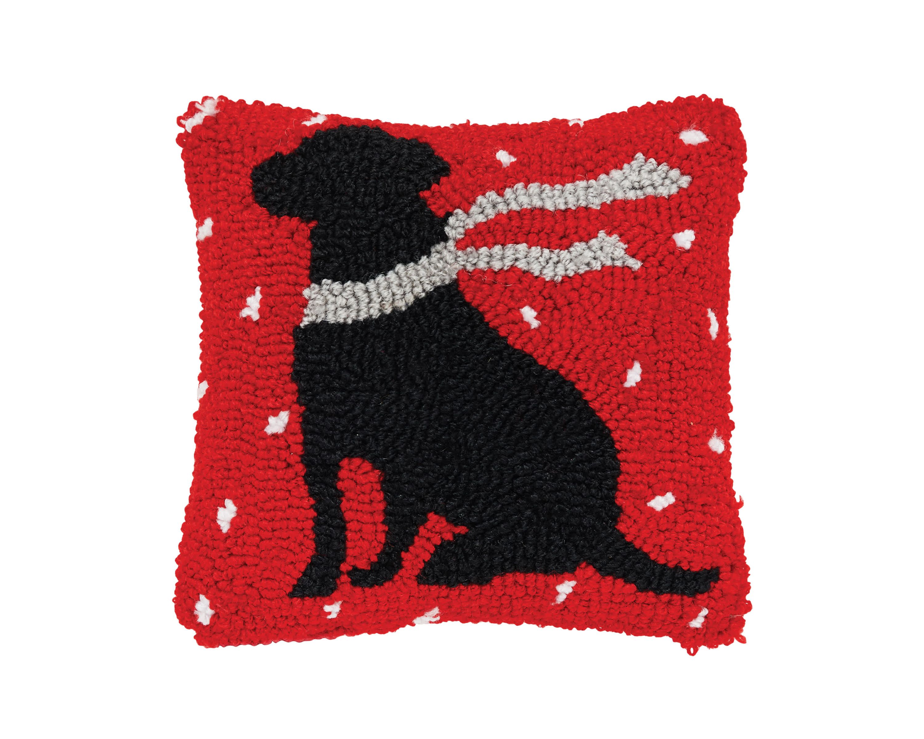 Winter Christmas Black Dog Hooked Christmas Throw Pillow 8" x 8"