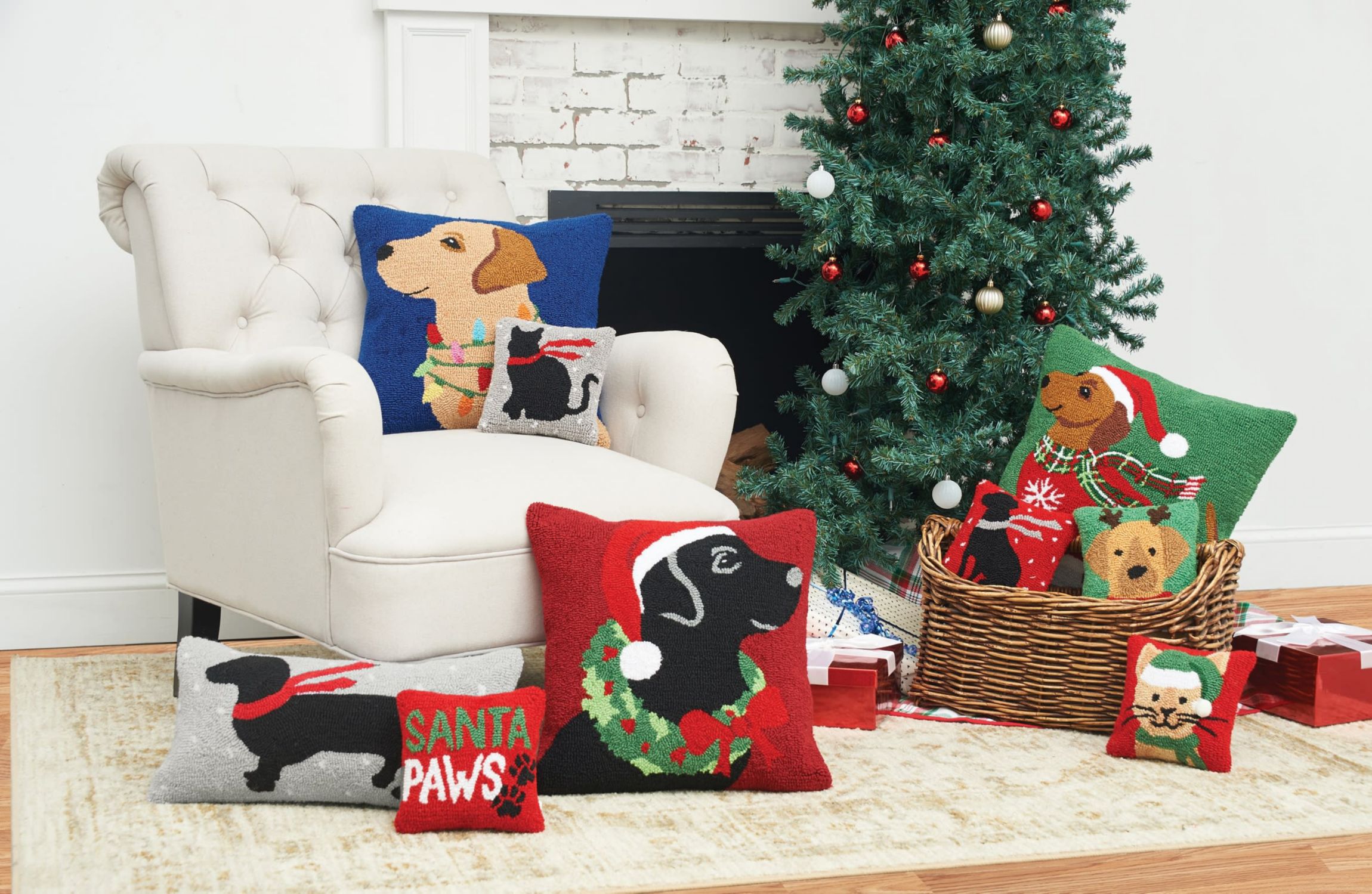 Winter Christmas Black Dog Hooked Christmas Throw Pillow 8" x 8"