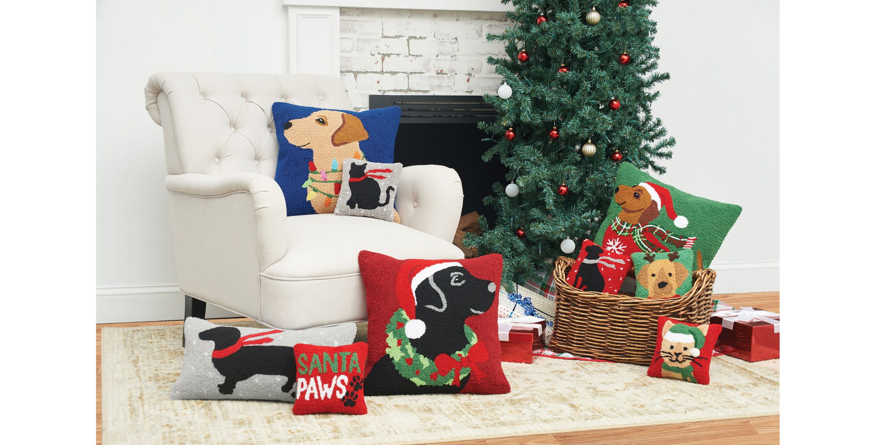 Winter Christmas Black Dog Hooked Christmas Throw Pillow 8" x 8"
