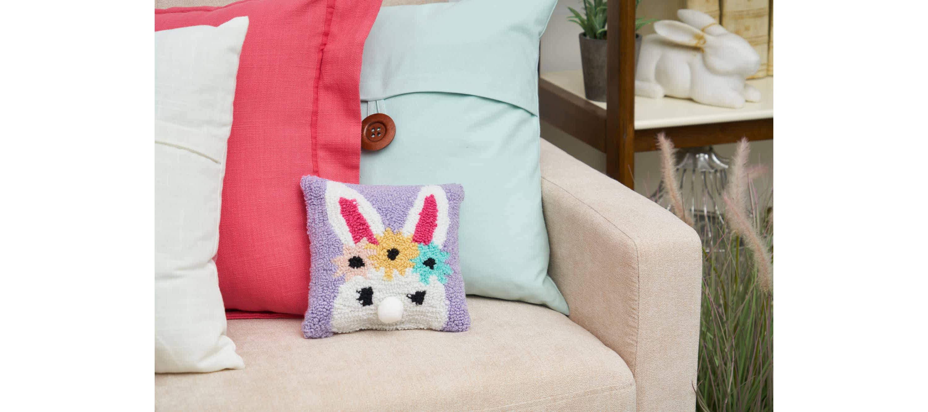 Floral Bunny Hooked 8" x 8 Inch Small Petite Accent Throw Pillow