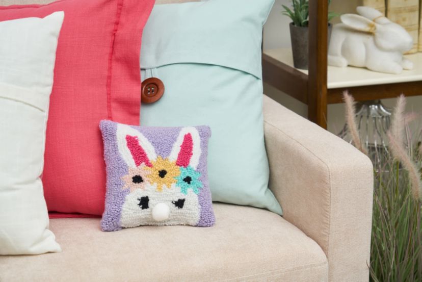 Floral Bunny Hooked 8" x 8 Inch Small Petite Accent Throw Pillow