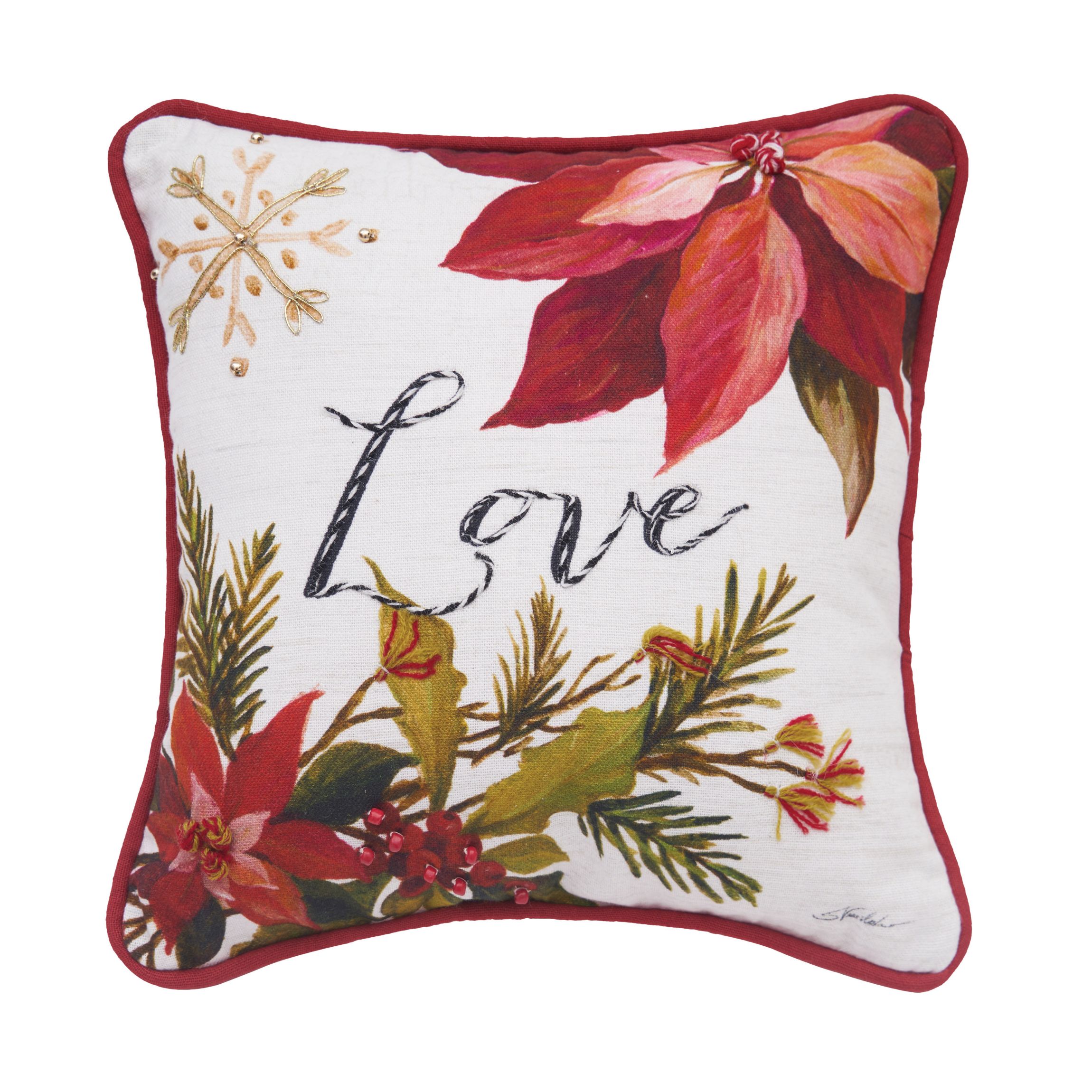Love Poinsettia Small Petite Christmas Throw Pillow 10" x 10"