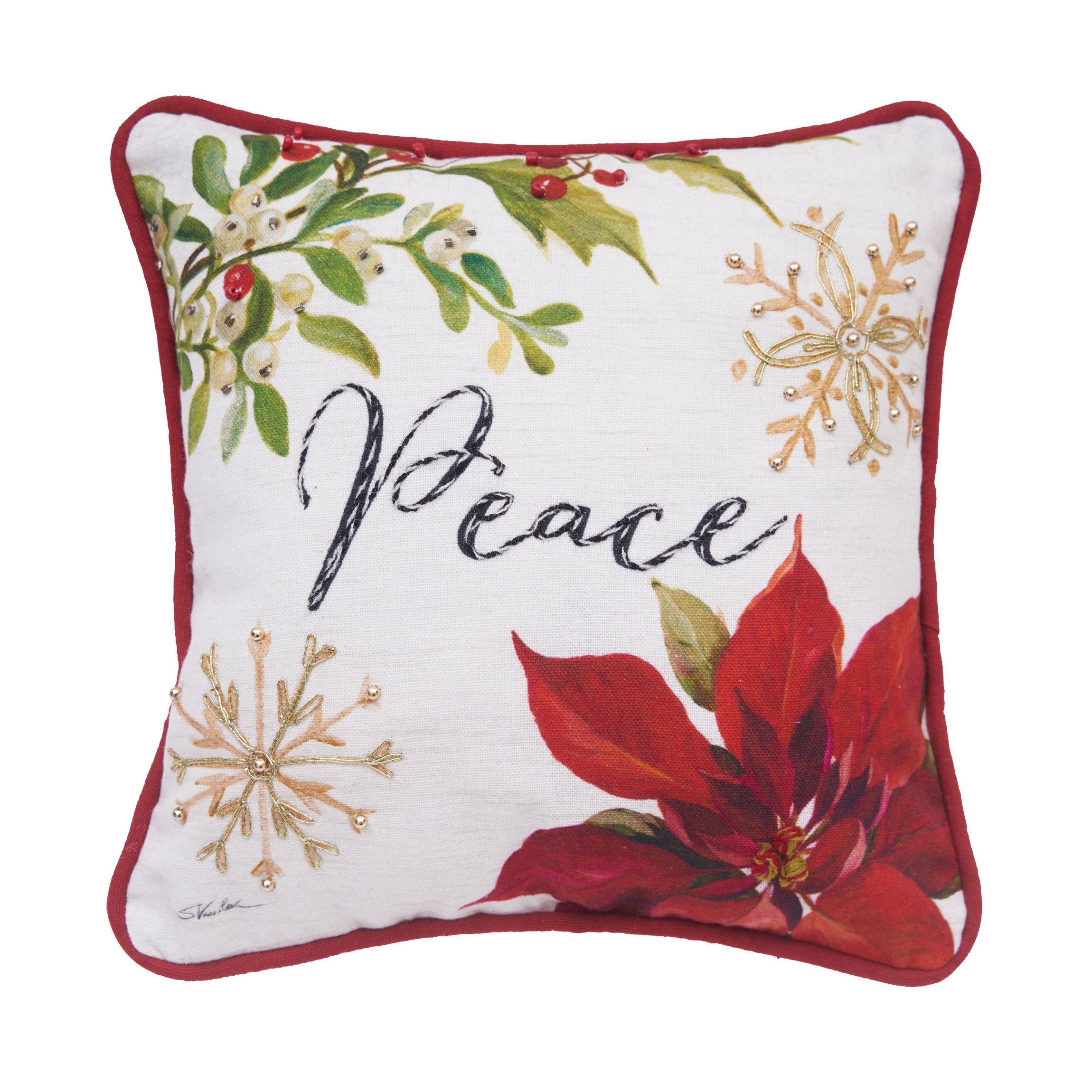 Peace Poinsettia Small Petite Christmas Throw Pillow 10" x 10"