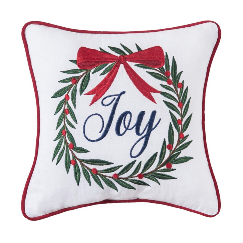 Joy Wreath Embroidered Small Petite Small Petite Christmas Throw Pillow 10" x 10"