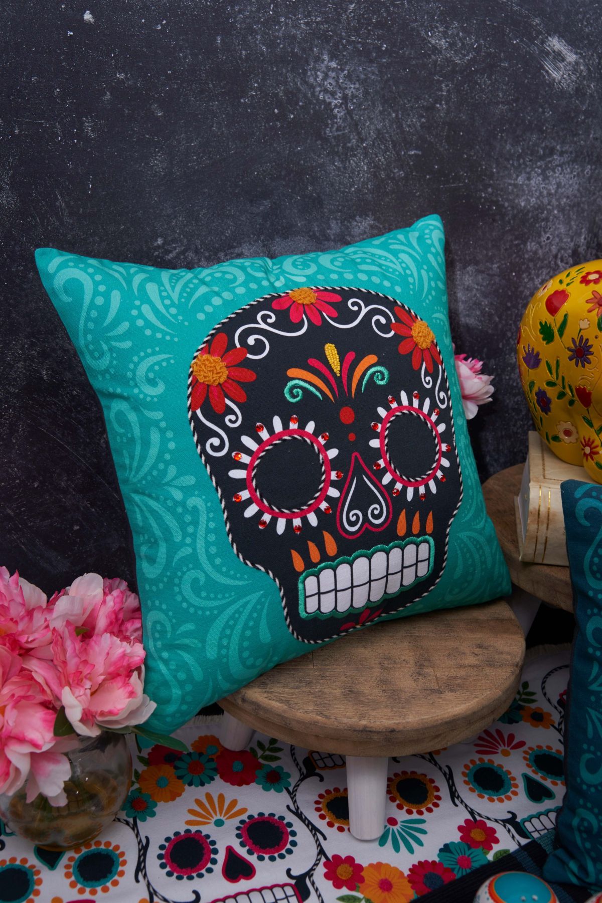 16" x 16" Black Sugar Skull Throw Pillow