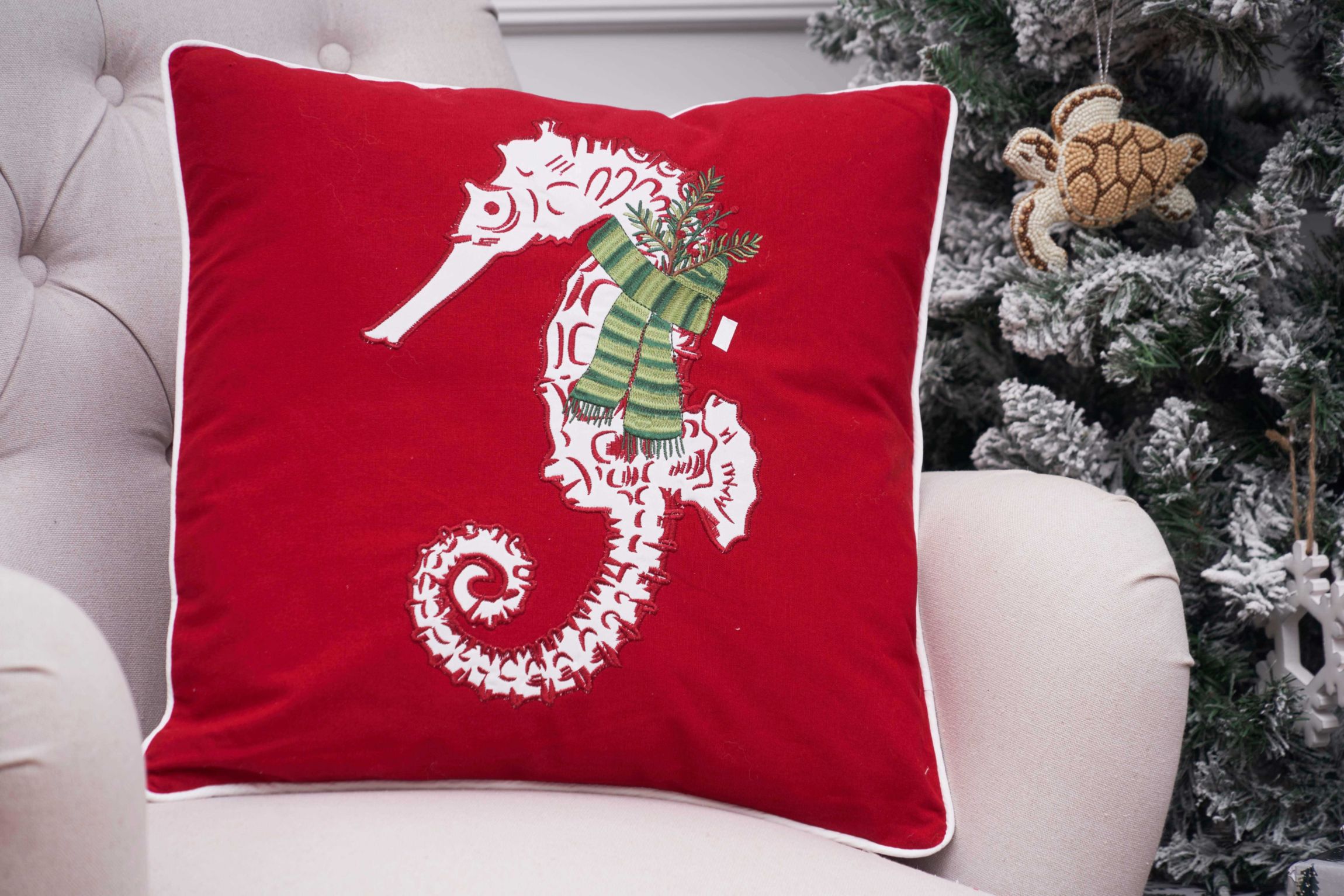 Sea Life Seahorse Christmas Throw Pillow 18" x 18"