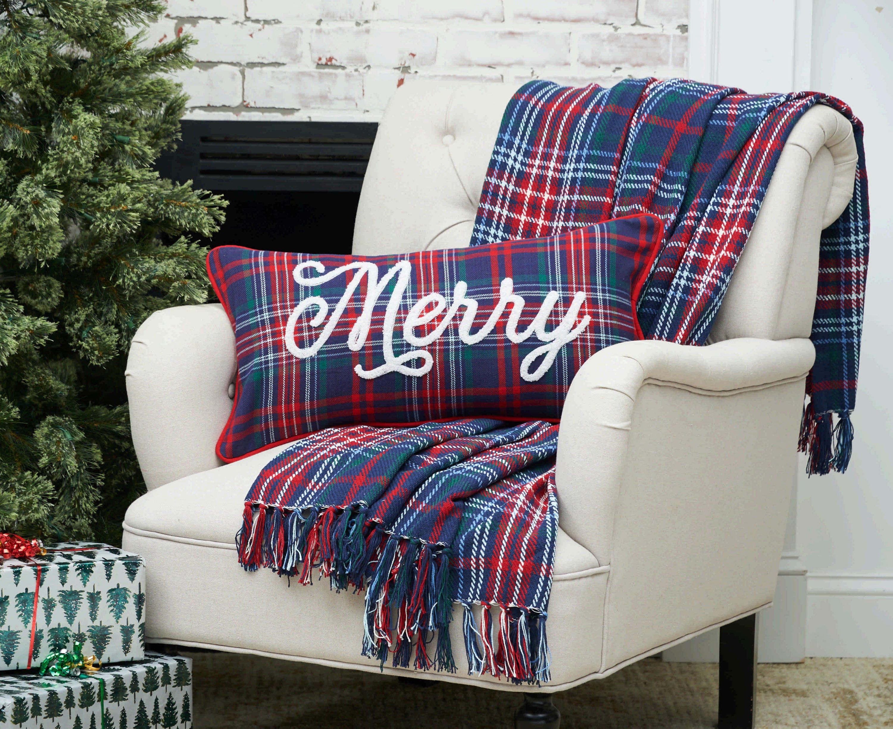 Merry Plaid Christmas Throw Pillow 12" x 24"