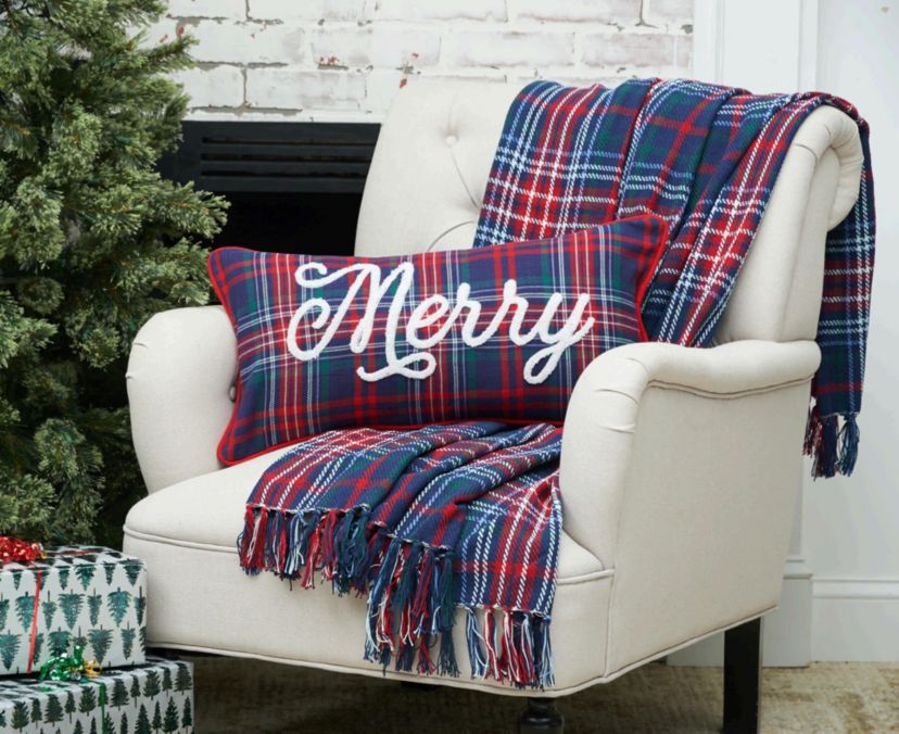 Merry Plaid Christmas Throw Pillow 12" x 24"