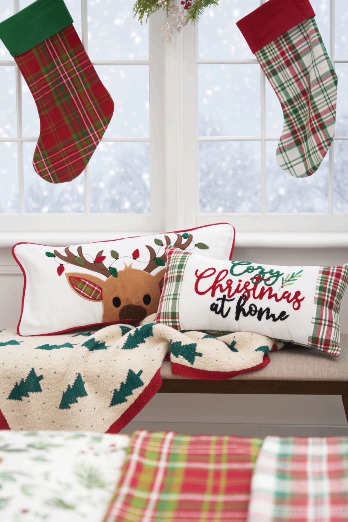 Reindeer Plaid & Lights Christmas Throw Pillow 12" x 24"