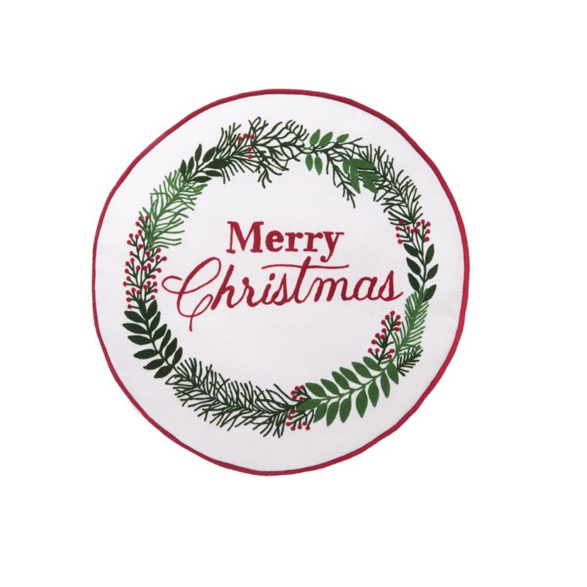 Merry Christmas Berry Wreath Round Pillow