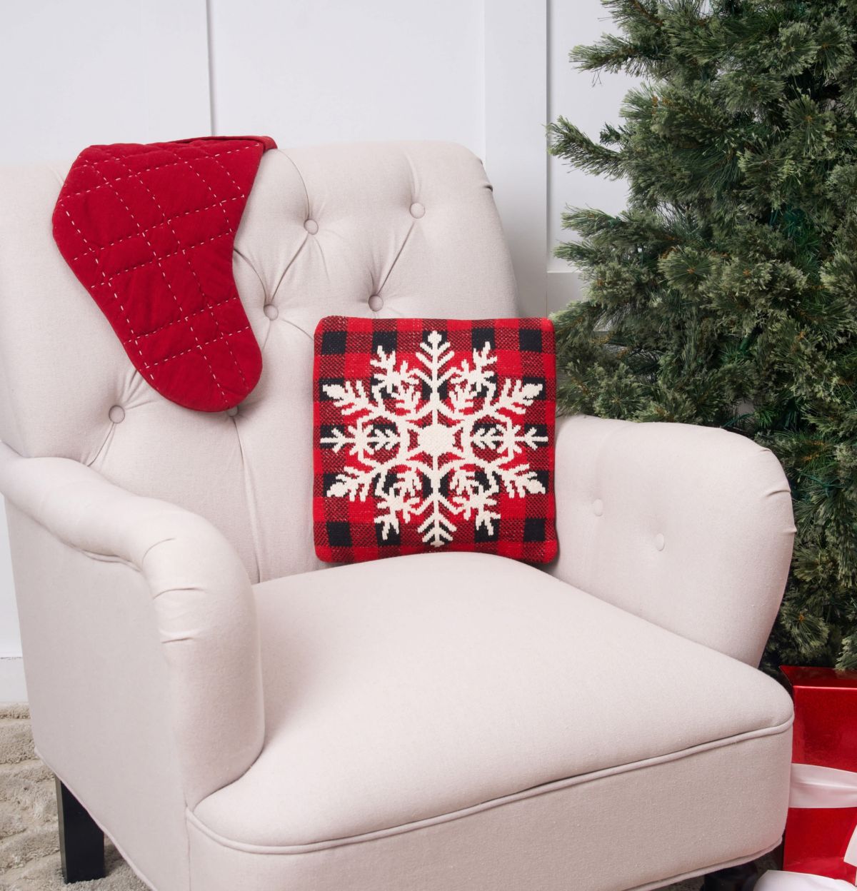 White Snowflake Plaid Checkered Knitted Throw Pillow 12" x 12"