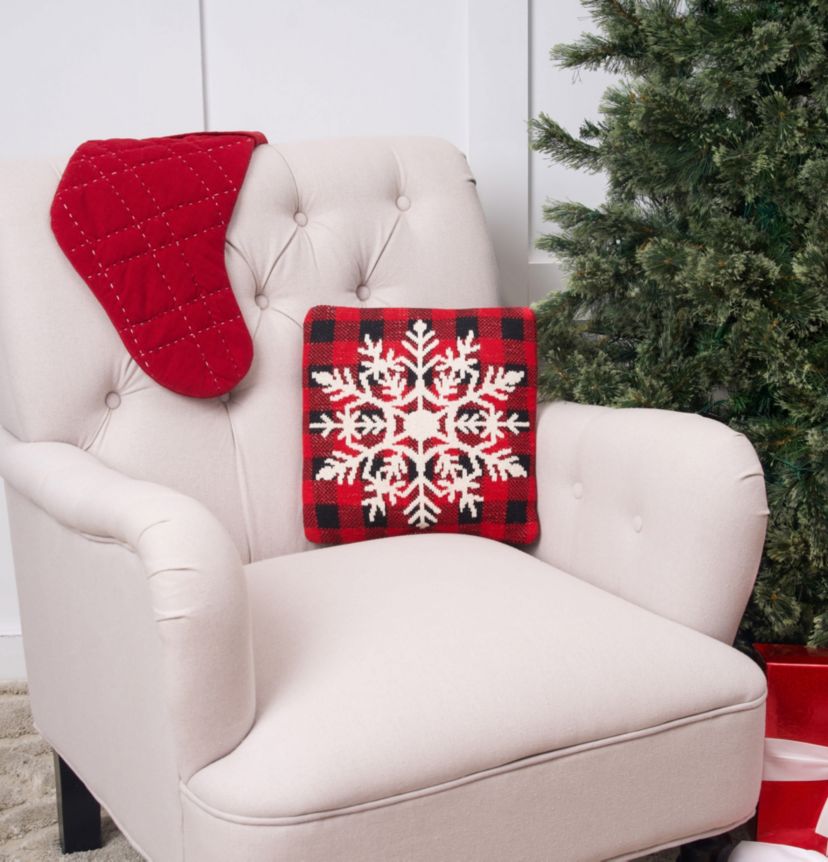 White Snowflake Plaid Checkered Knitted Throw Pillow 12" x 12"