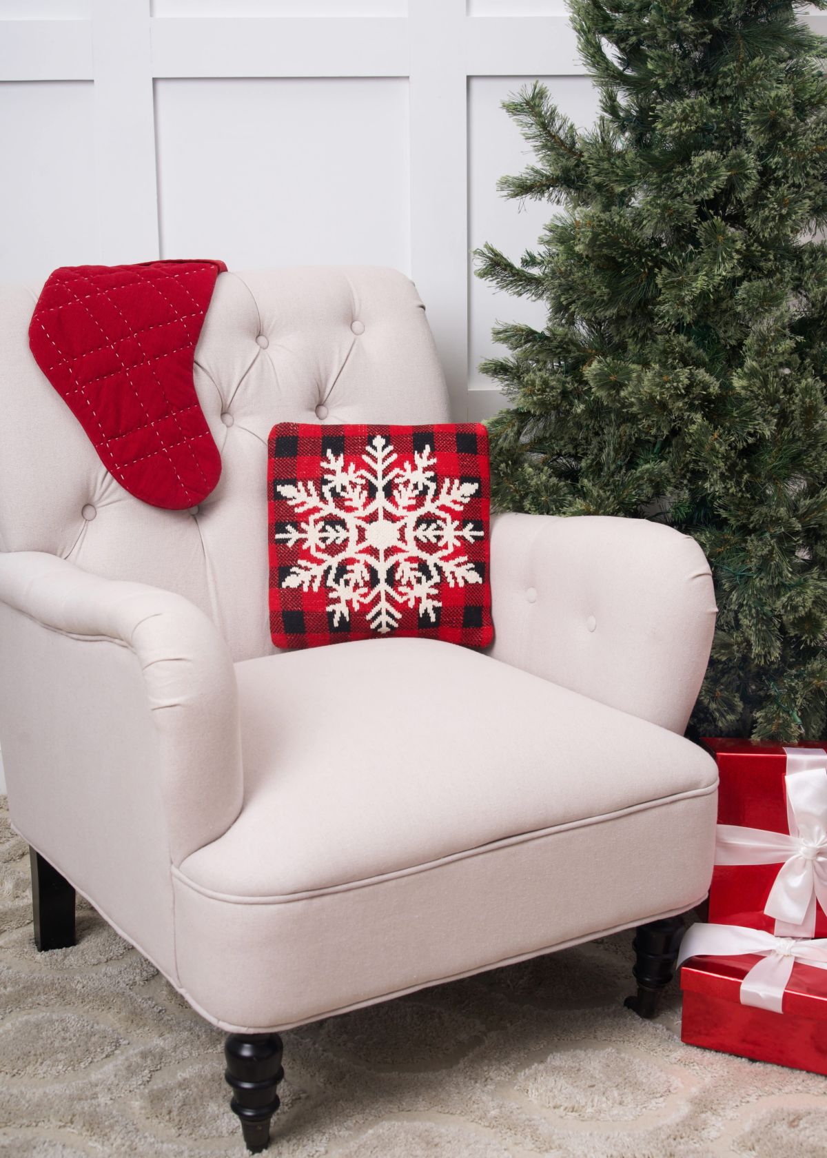 White Snowflake Plaid Checkered Knitted Throw Pillow 12" x 12"