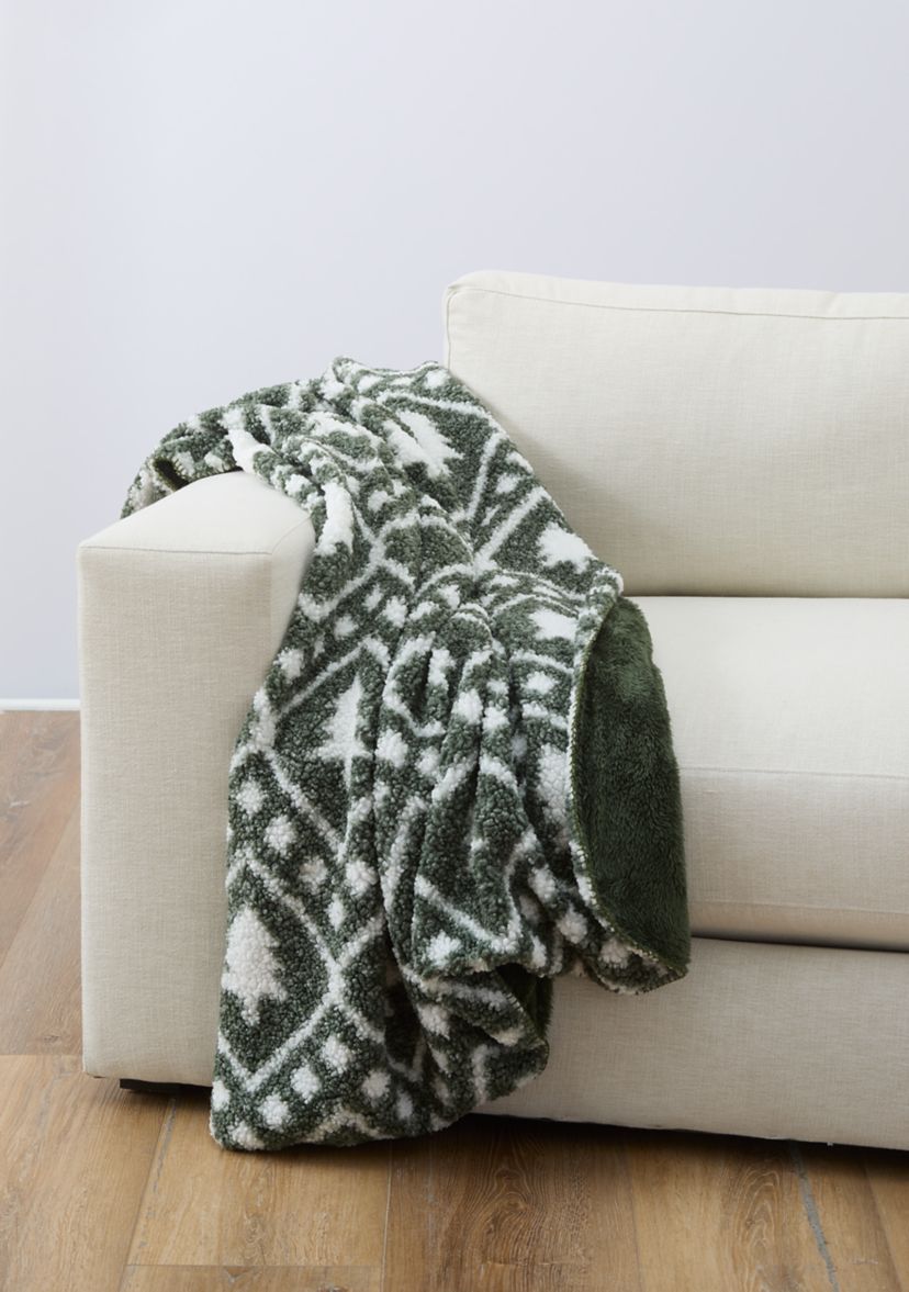 Olive Green Printed Teddy Wool Throw Blanket