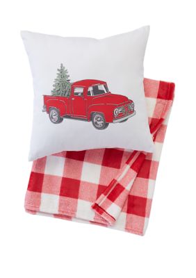 Red Truck Pillow Cover (Happy Holidays) - Linen and Ivory