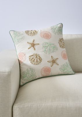 Joyland Beaded Shell and Coral Pillow, White, 18 x 18
