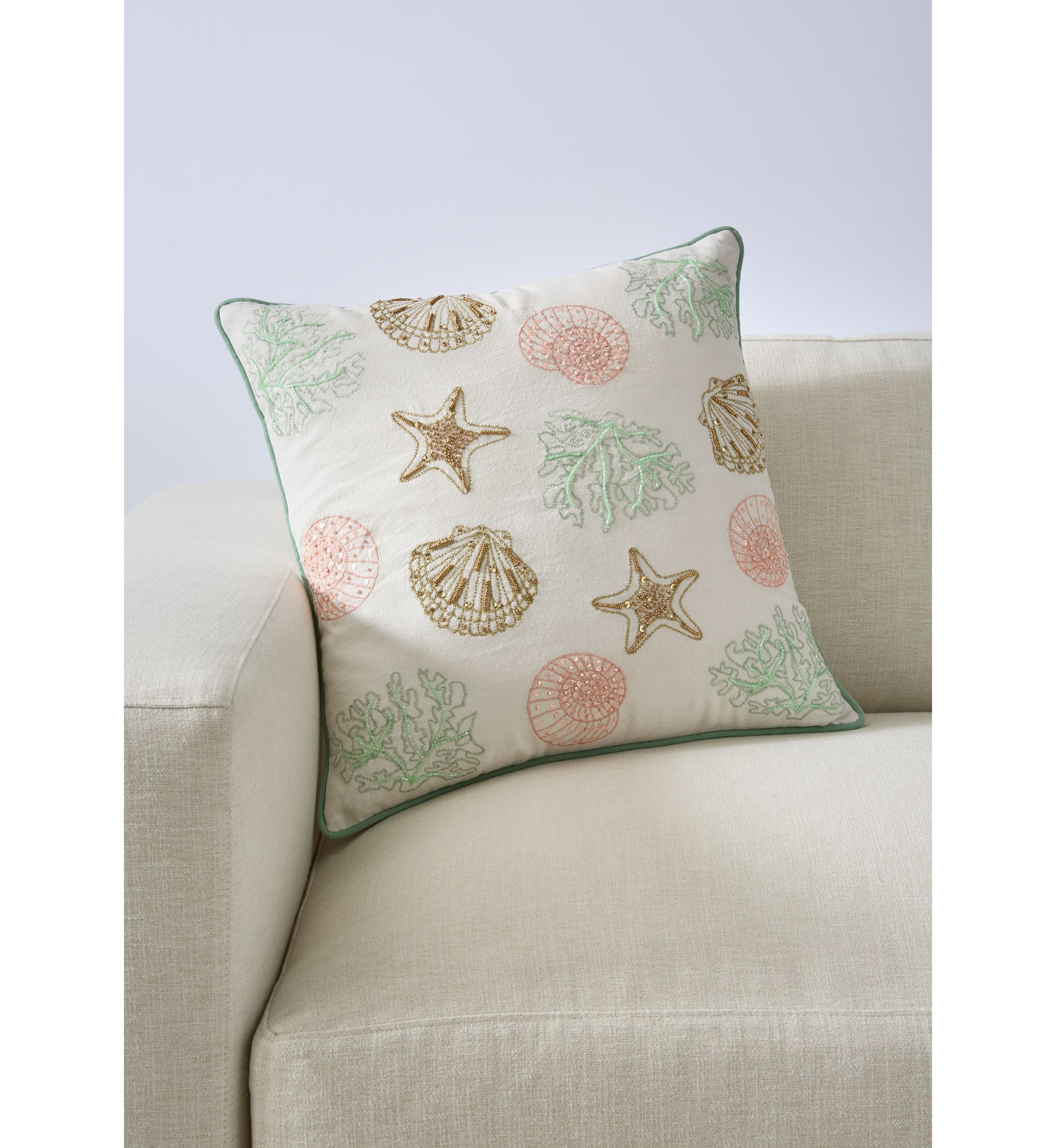 Beaded Shell and Coral Pillow