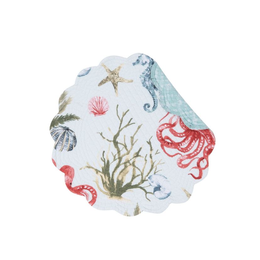 Behari Coastal Sea Life Cotton Quilted Round Reversible Placemat Set of 6