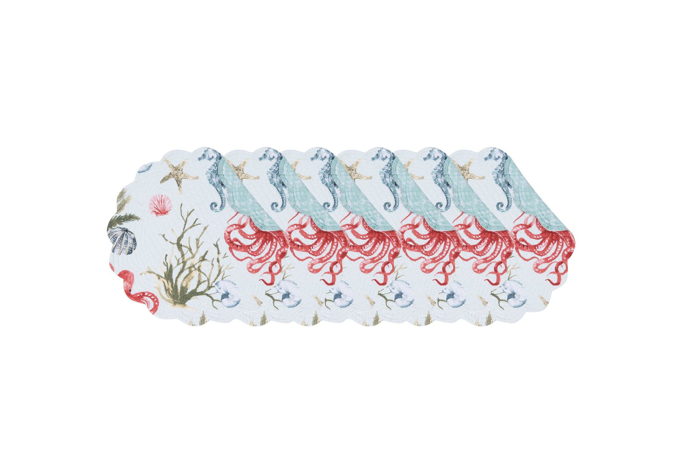 Behari Coastal Sea Life Cotton Quilted Round Reversible Placemat Set of 6