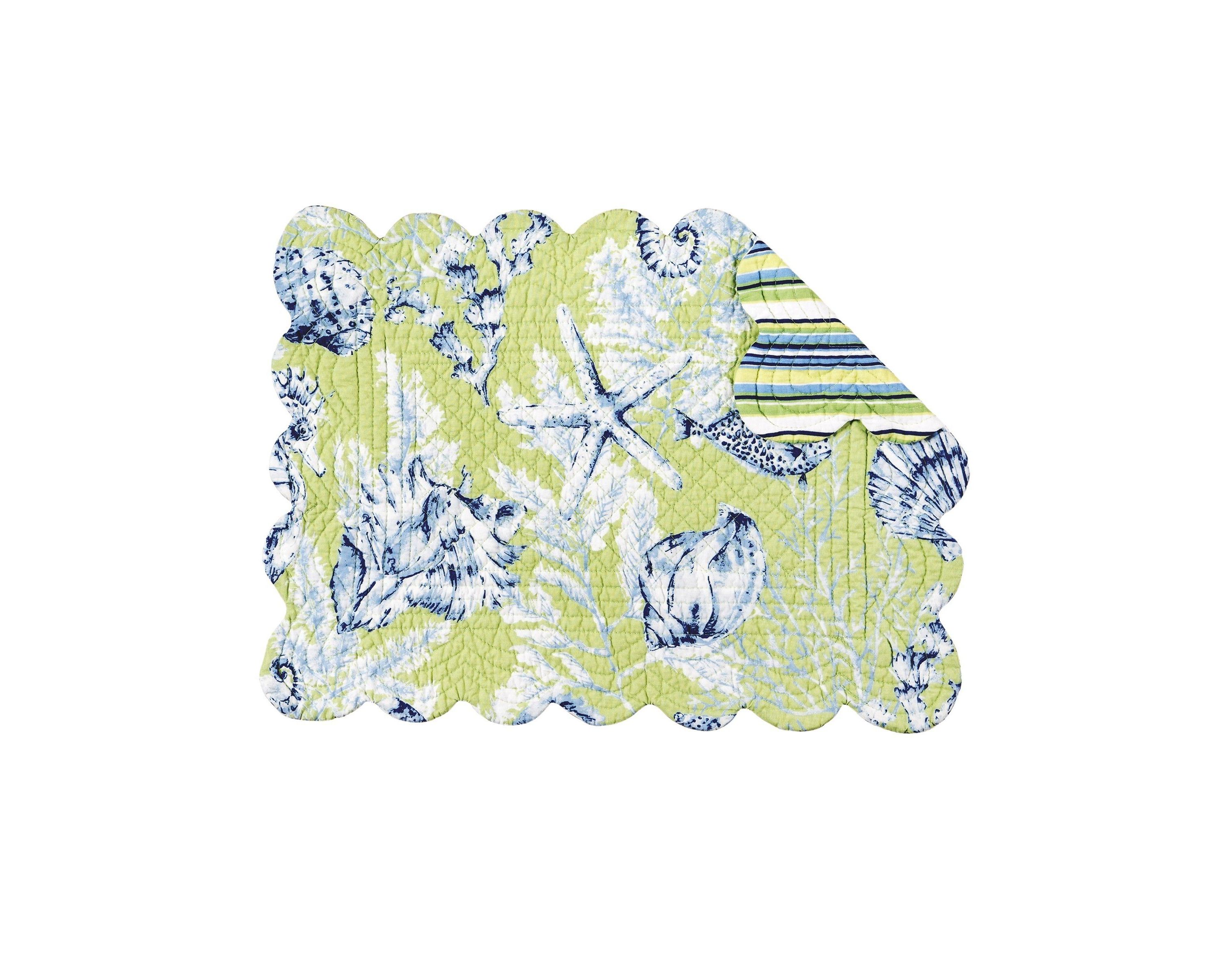 Fenwick Isle Green Coastal Sea Life Cotton Quilted Rectangular Reversible Placemat Set of 6