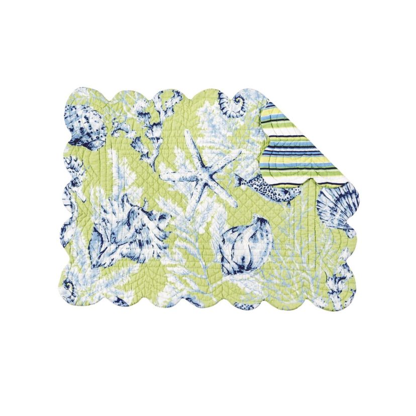 Fenwick Isle Green Coastal Sea Life Cotton Quilted Rectangular Reversible Placemat Set of 6