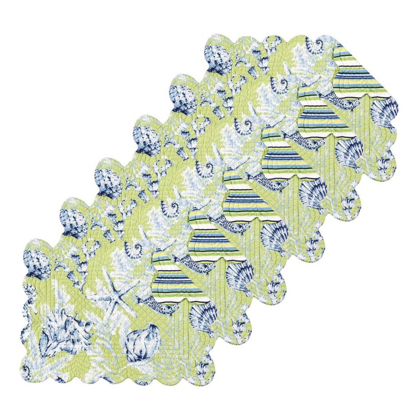 Fenwick Isle Green Coastal Sea Life Cotton Quilted Rectangular Reversible Placemat Set of 6
