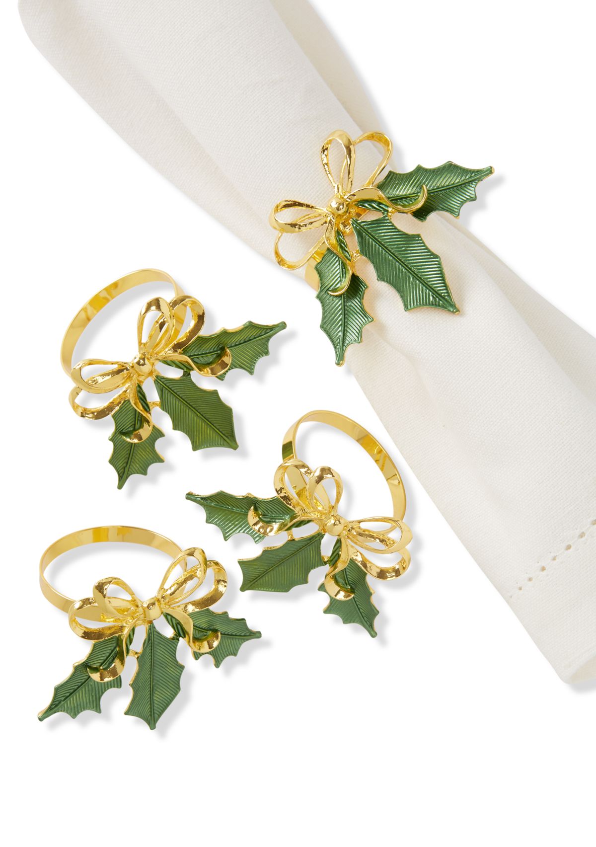 Gold and Green Holly Napkin Rings - Set of 4 