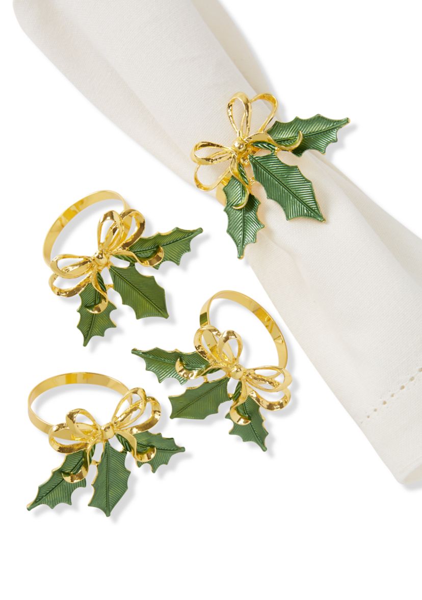 Gold and Green Holly Napkin Rings - Set of 4 