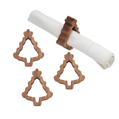 C&F Home Christmas Tree Acacia Wood Napkin Ring Set 4, Brown