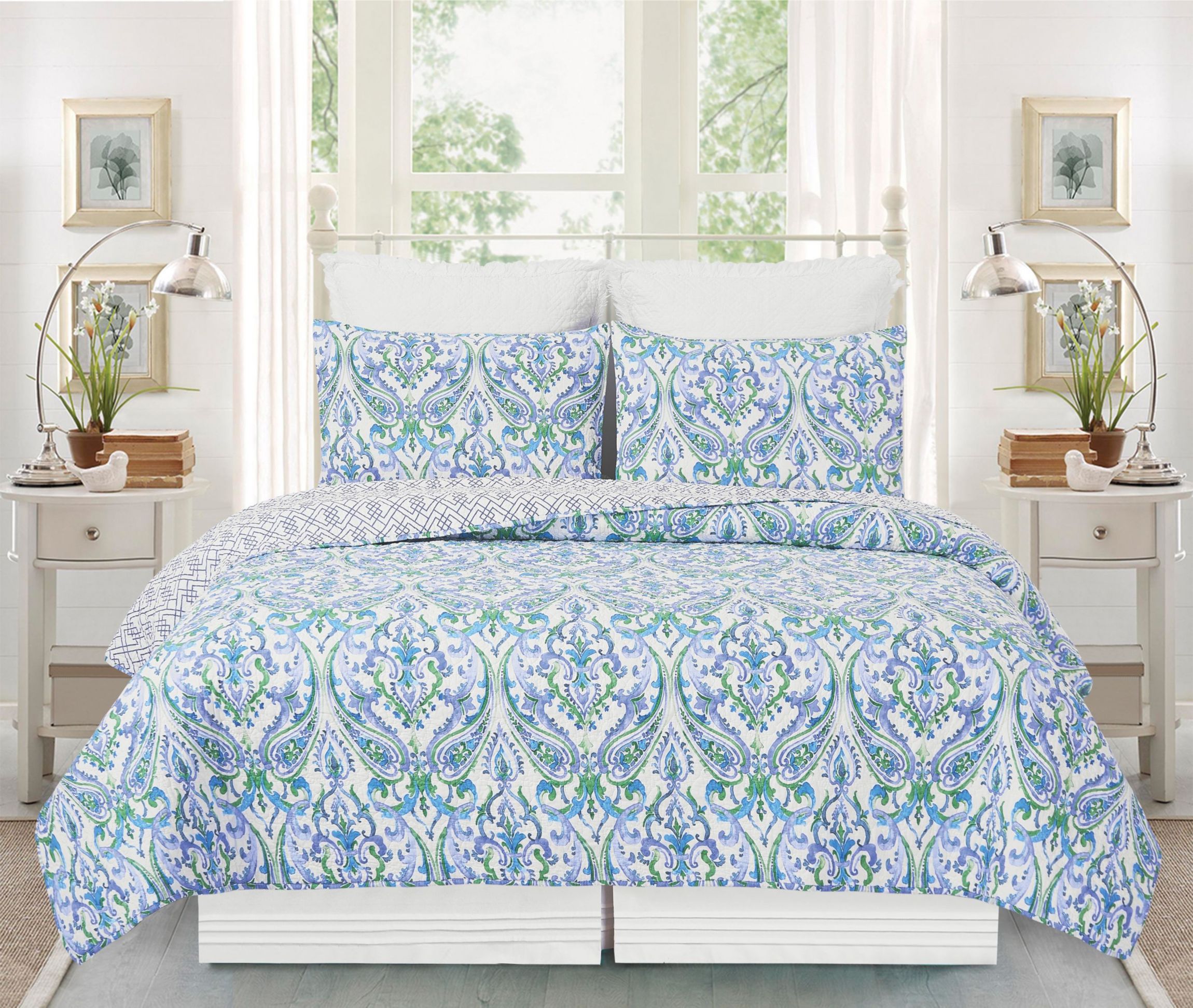 Juliet Reversible Damask Floral Full/Queen Quilt Set