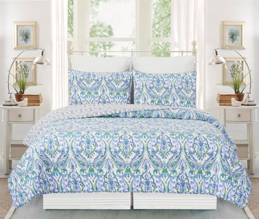 Juliet Reversible Damask Floral Full/Queen Quilt Set