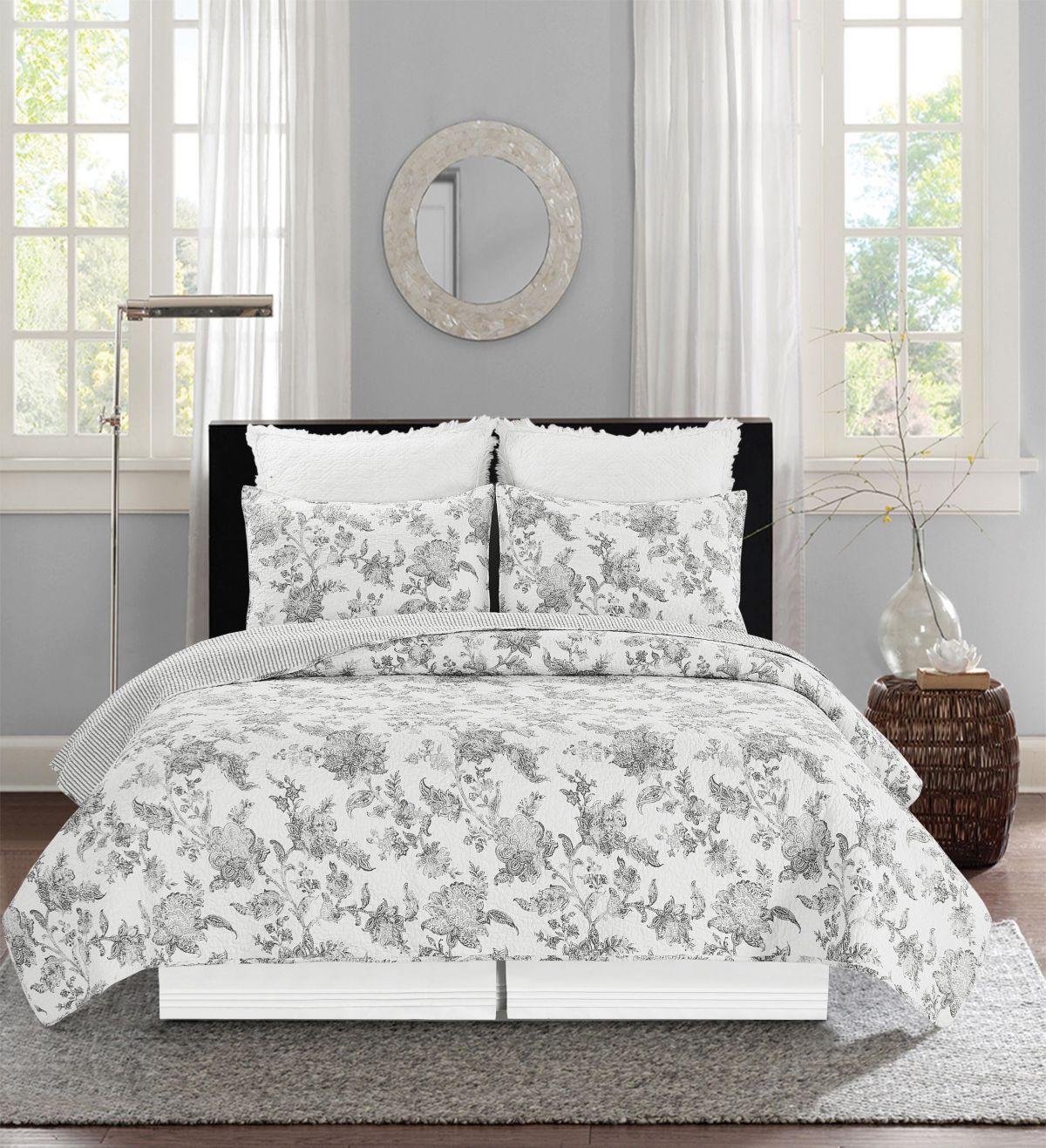 Miriam Slate Reversible Floral Full/Queen Quilt Set
