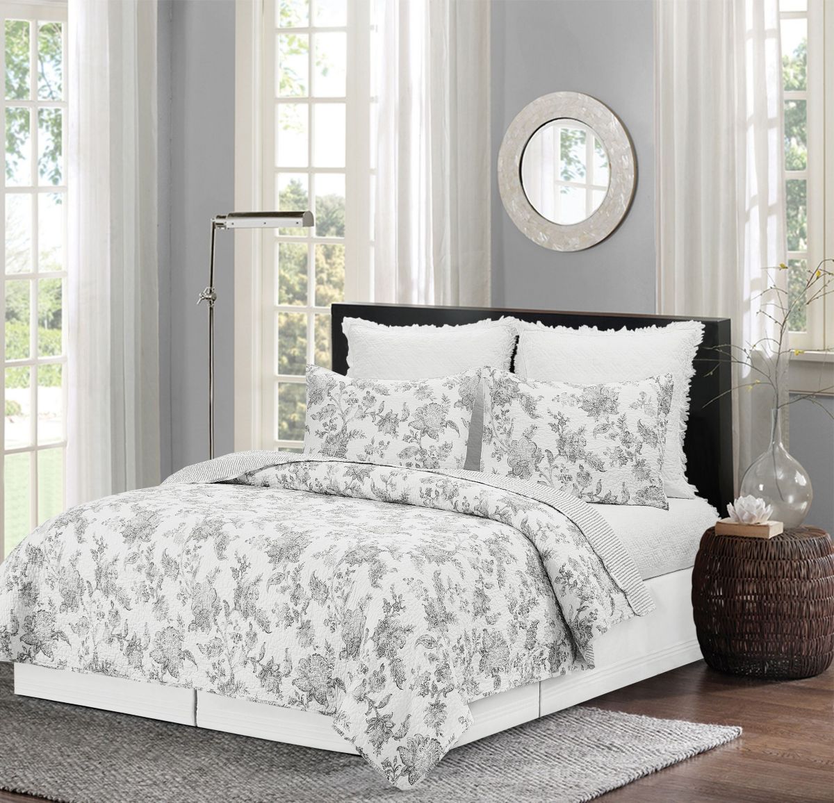 Miriam Slate Reversible Floral Full/Queen Quilt Set