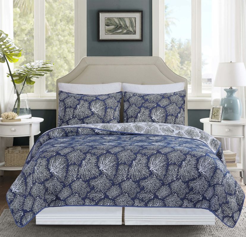 Blue Coral Jaquard Full/Queen 3-Piece Quilt Set