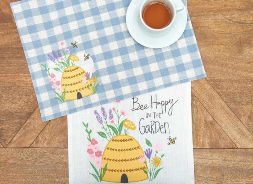 13" x 72" Bee Happy In Blue Embroidered Table Runner
