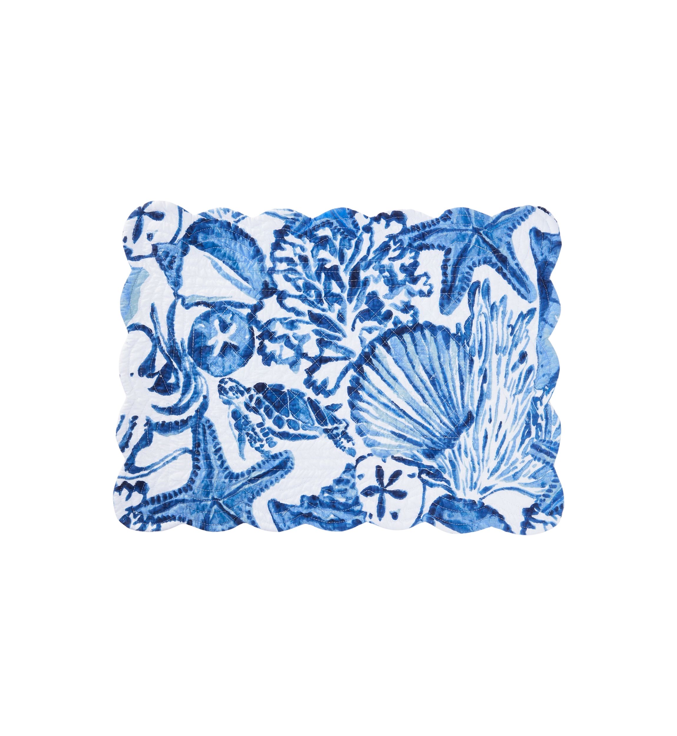 Blue and White Reversible Coastal Quilted Scalloped Placemat
