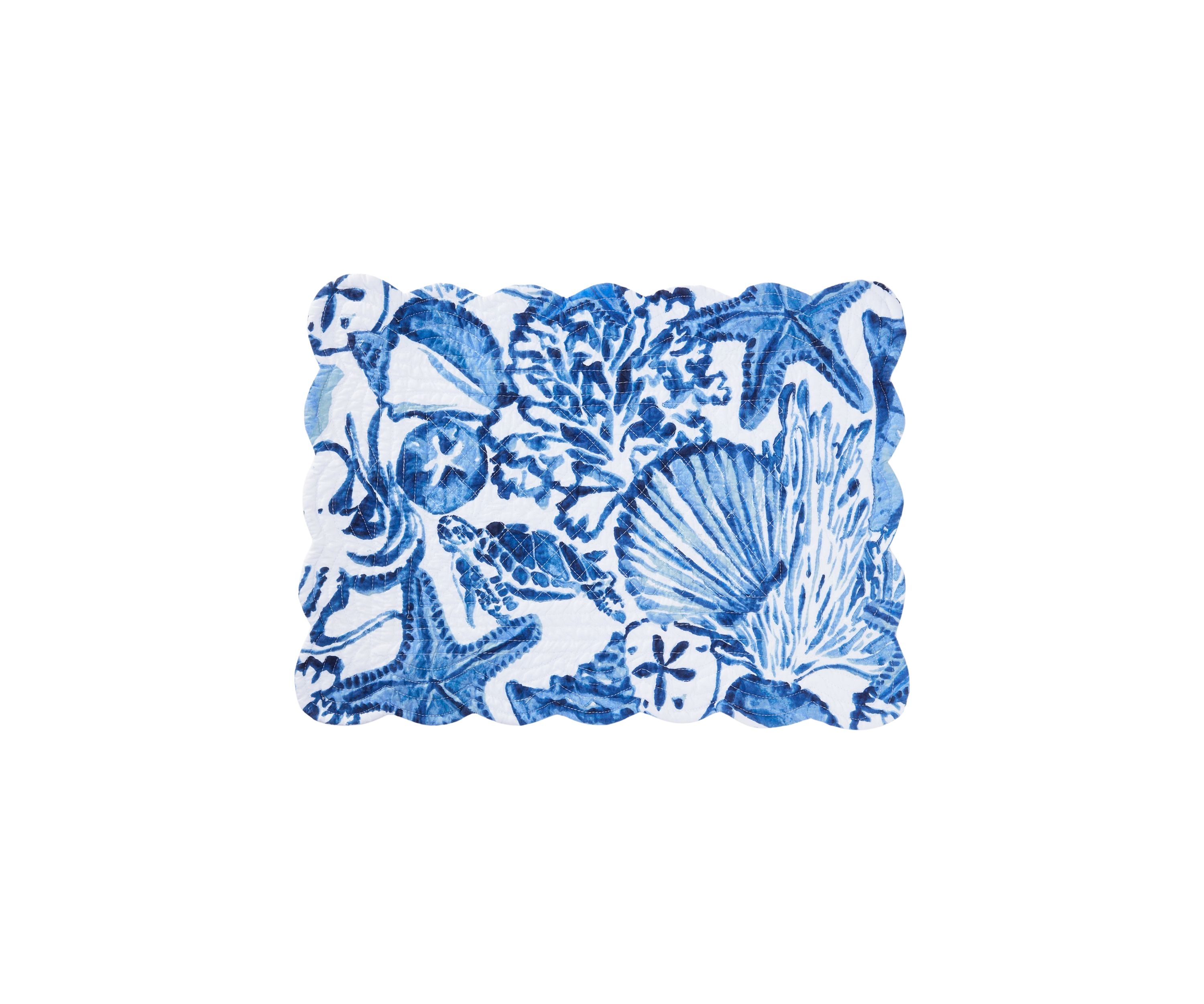 Blue and White Reversible Coastal Quilted Scalloped Placemat