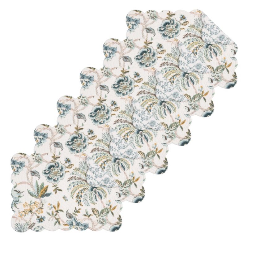 Braganza Teal Floral Cotton Quilted Rectangle Placemats Set of 6
