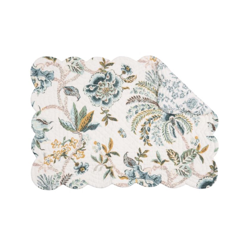 Braganza Teal Floral Cotton Quilted Rectangle Placemats Set of 6