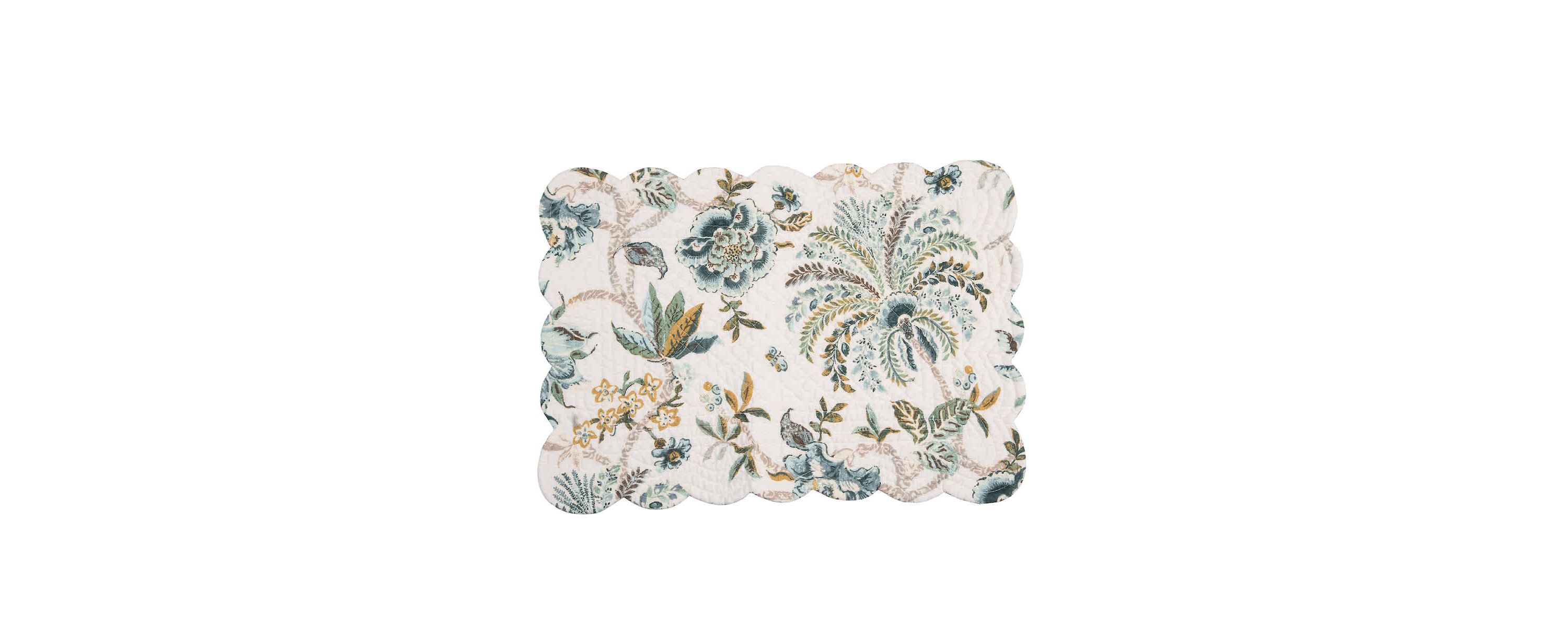 Braganza Teal Floral Cotton Quilted Rectangle Placemats Set of 6