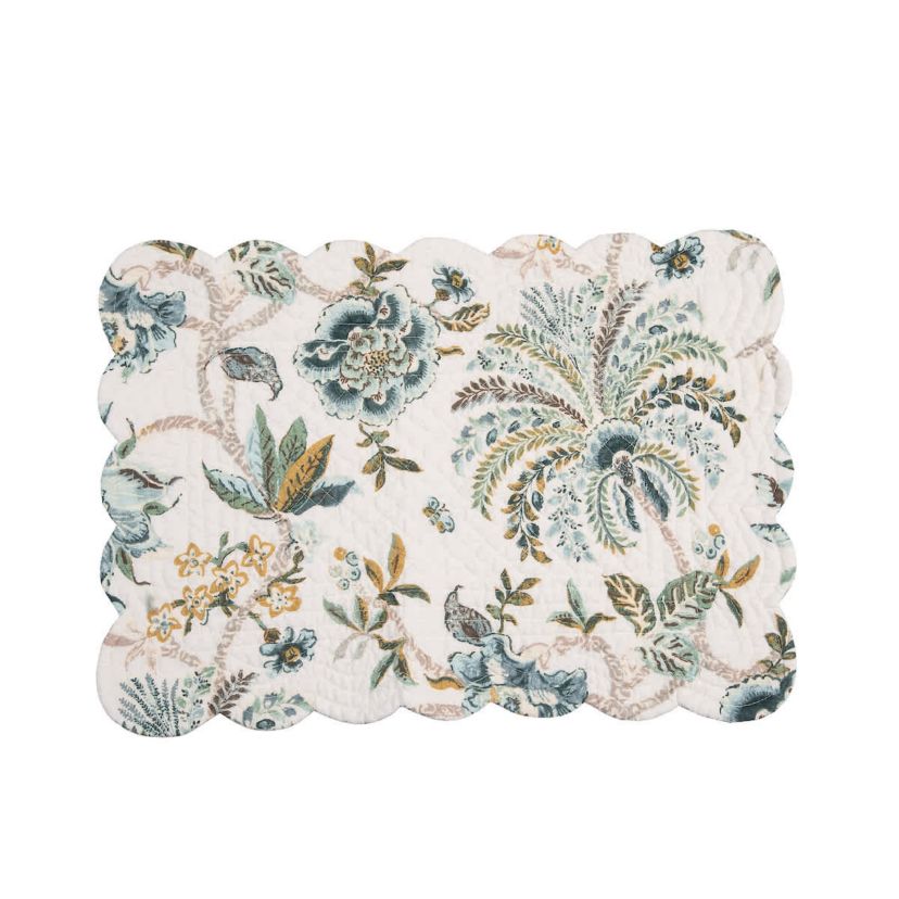 Braganza Teal Floral Cotton Quilted Rectangle Placemats Set of 6