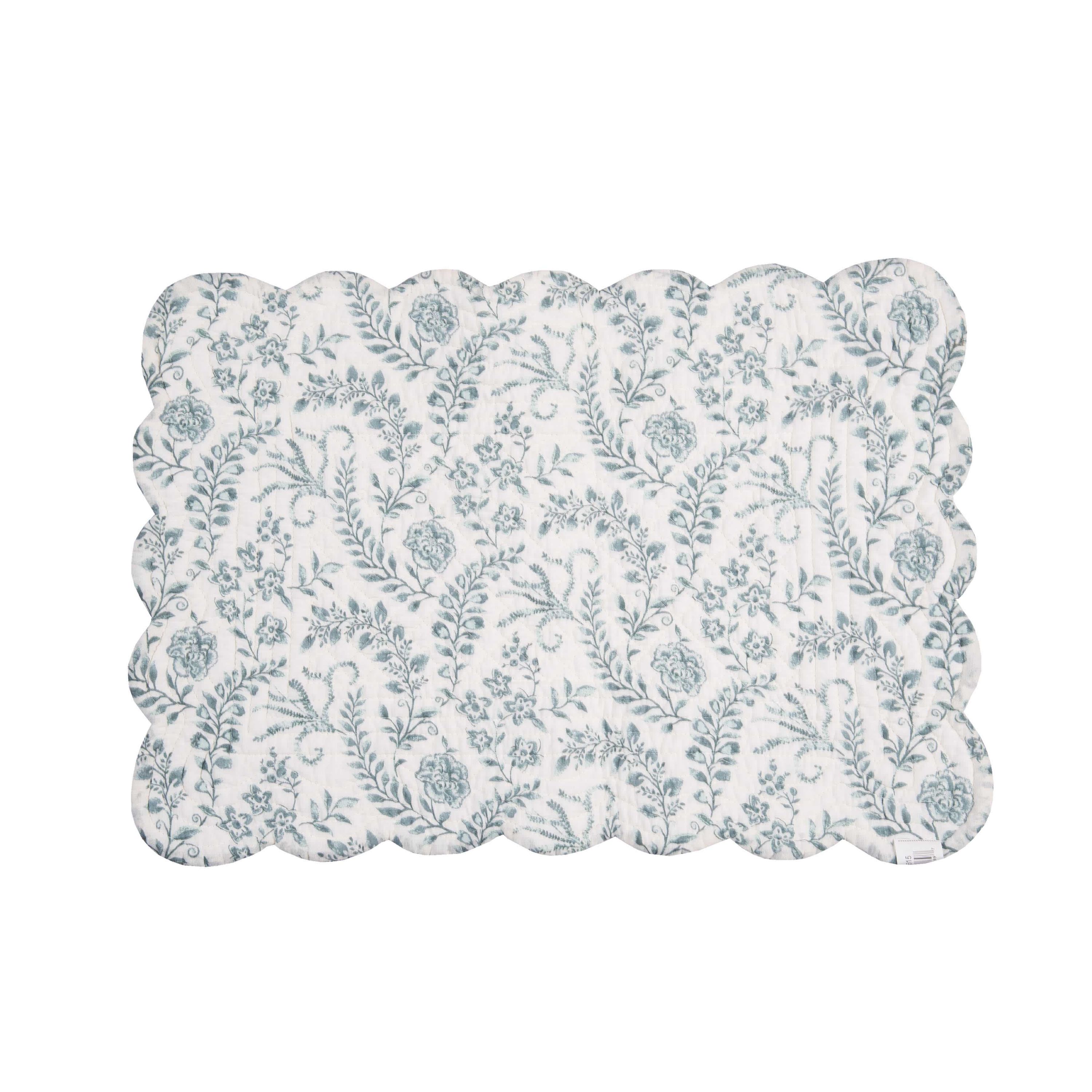 Braganza Teal Floral Cotton Quilted Rectangle Placemats Set of 6