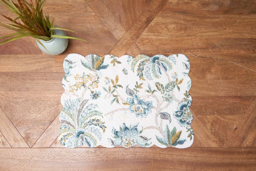 Braganza Teal Floral Cotton Quilted Rectangle Placemats Set of 6