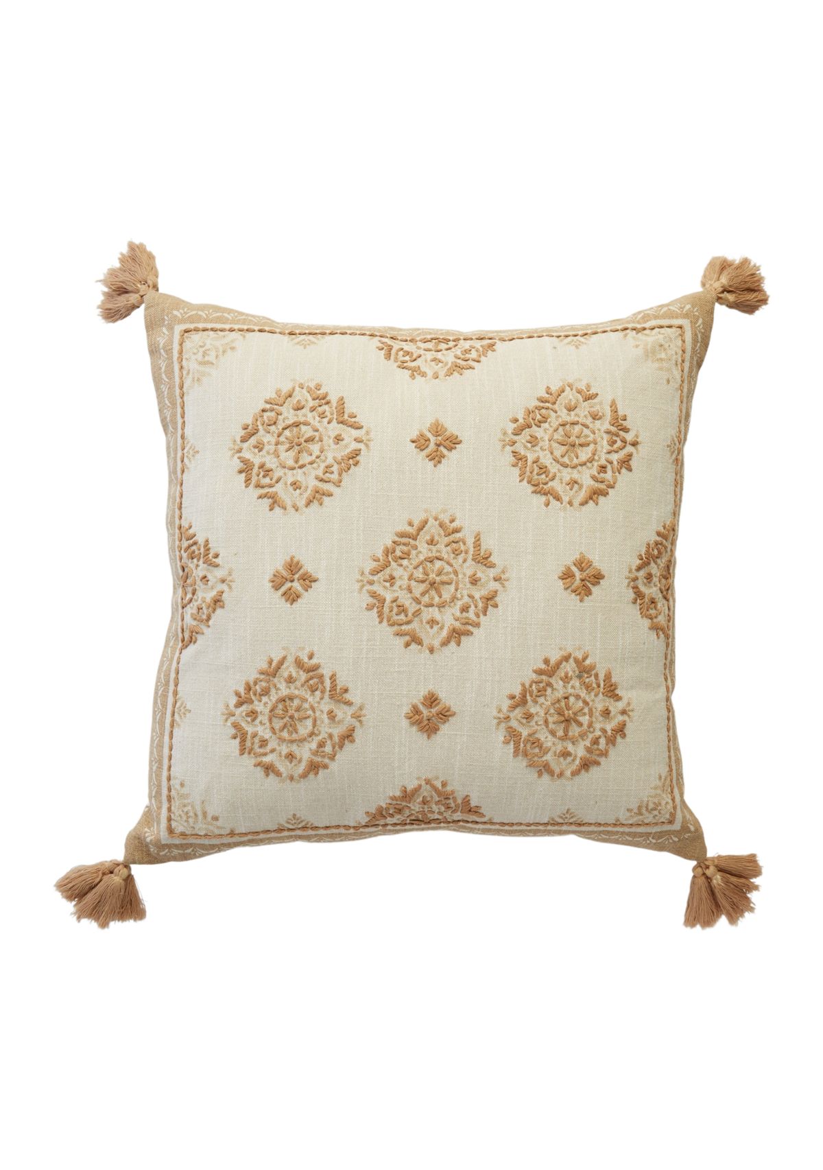 Tan Stitched Tassel Decorative Pillow 