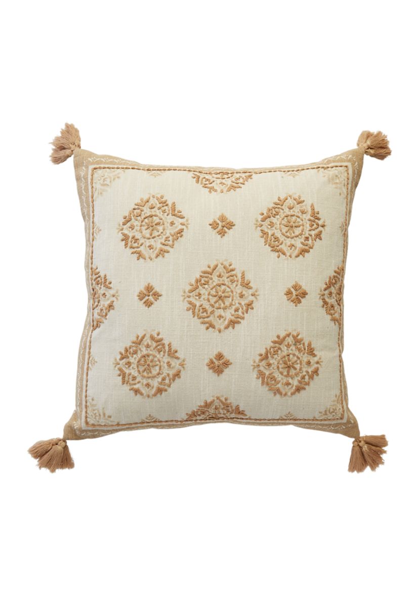 Tan Stitched Tassel Decorative Pillow 