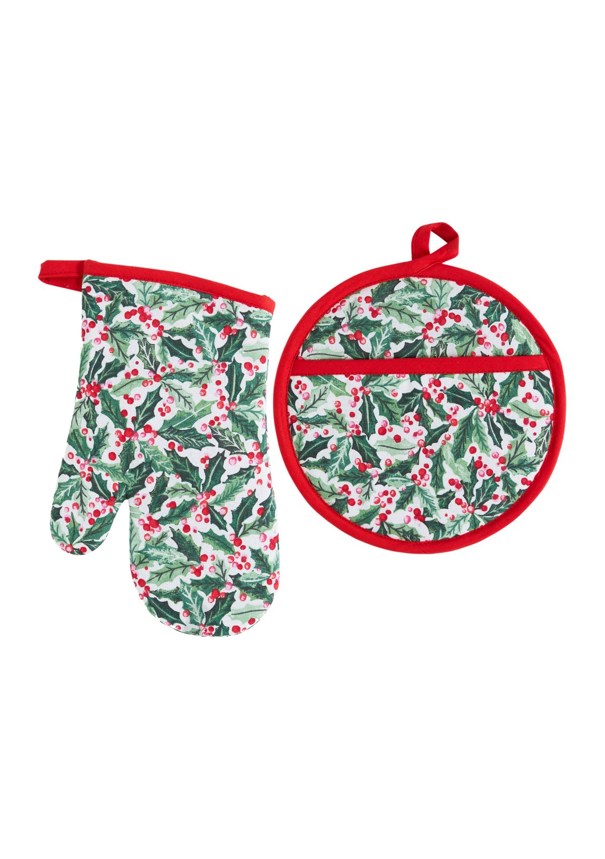 Holly Print Potholder and Oven Mitt Set
